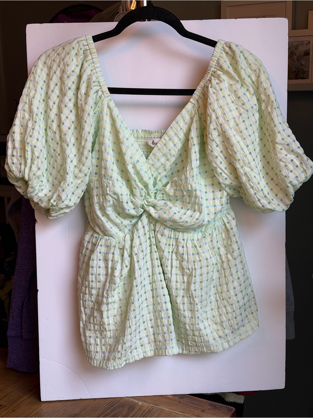 &merci Mint Green Gingham Puff Sleeve Twist Front Top Size M